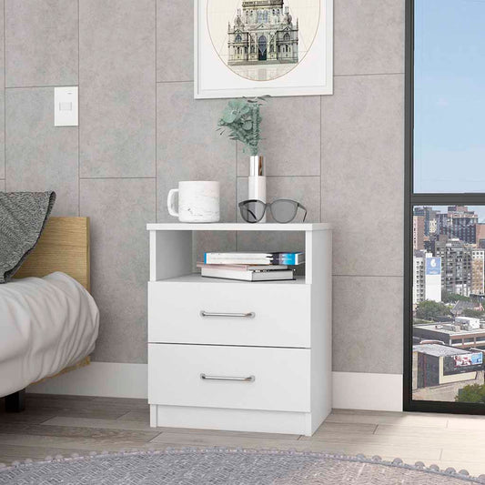 White twodrawer nightstand with open shelf