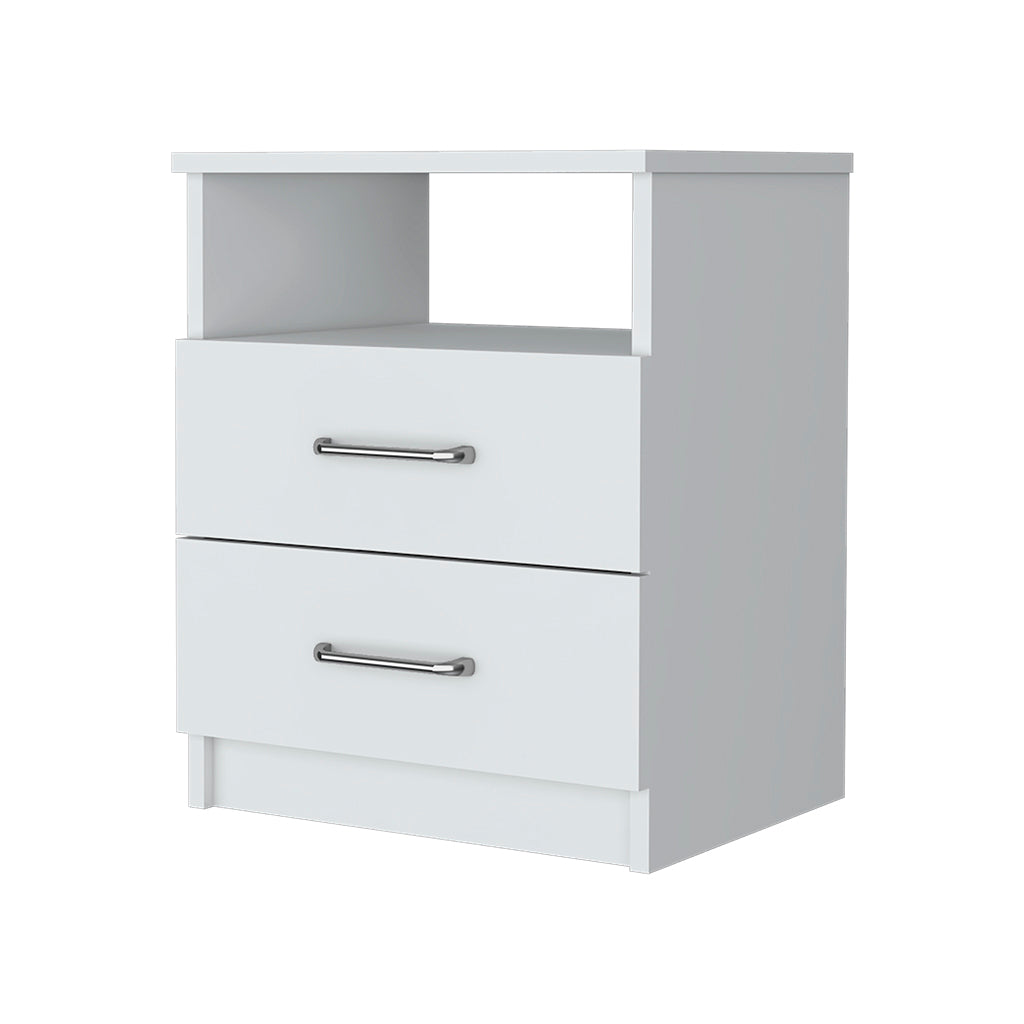 White twodrawer nightstand with open shelf and silver handles
