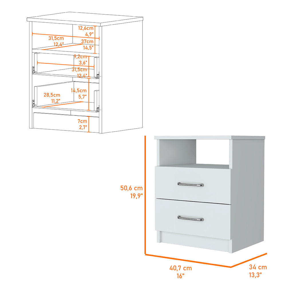 White drawer bedside table with open shelf and silver handles