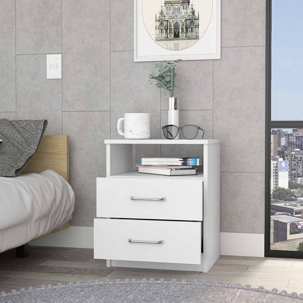 White twodrawer nightstand with open shelf