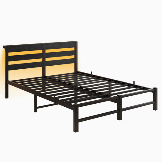 Black metal bed frame with wooden slats and LED headboard