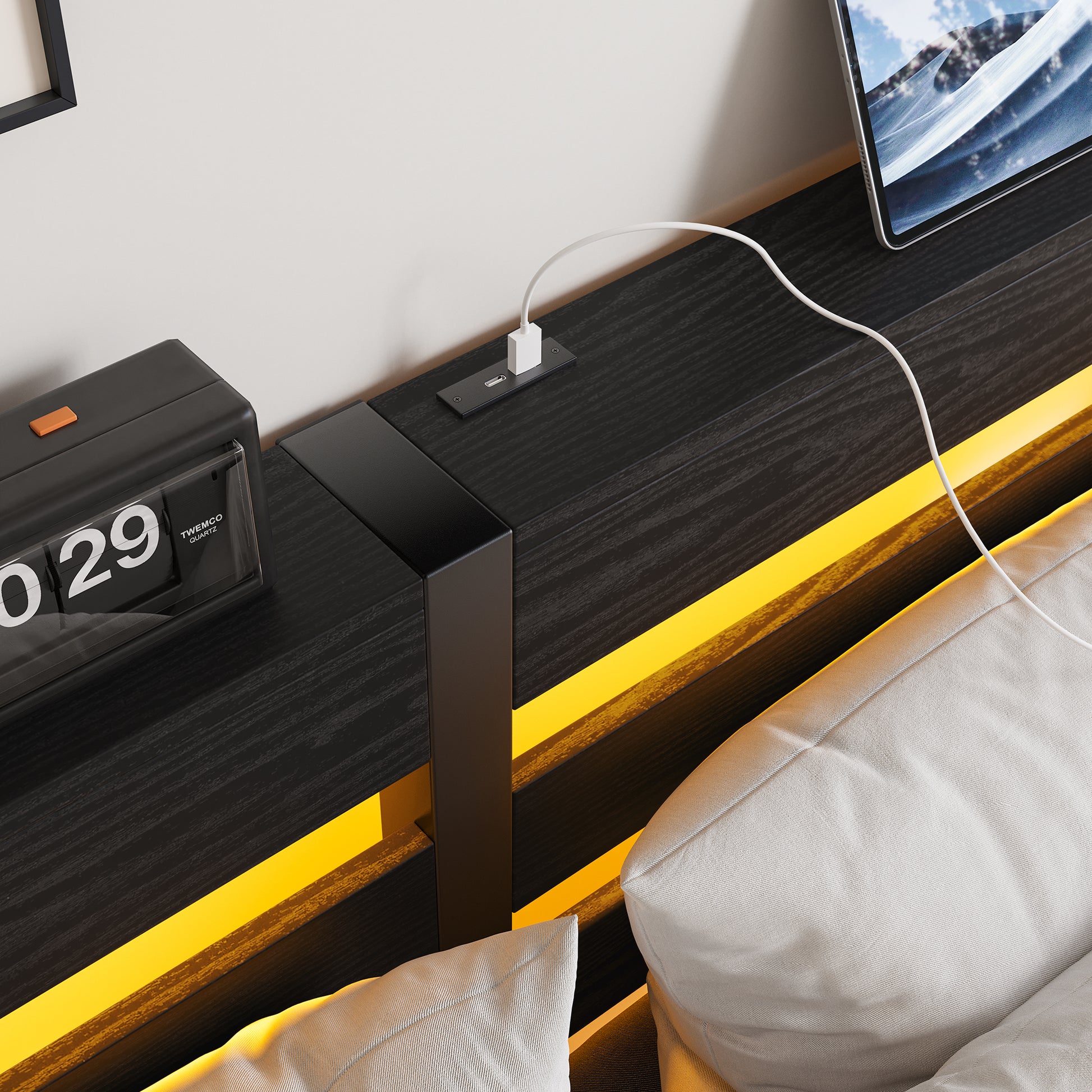 Modern black nightstand with integrated USB charging port
