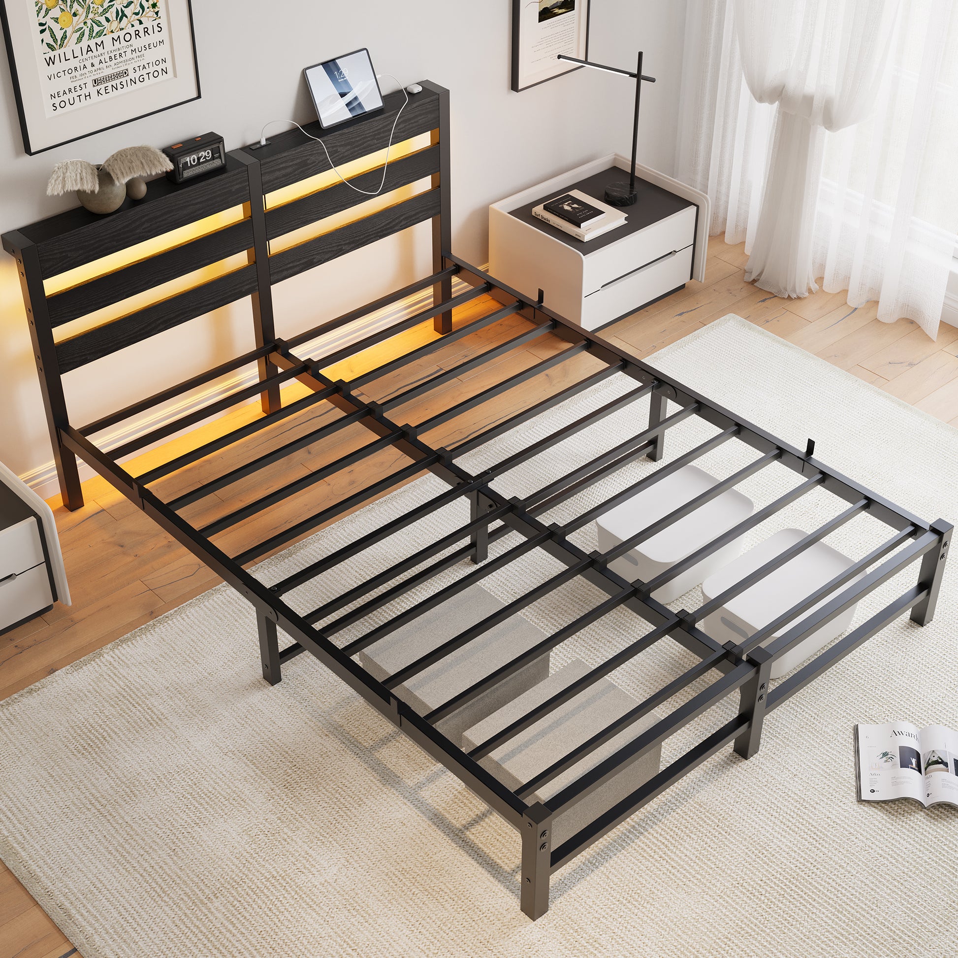 Modern black metal bed frame with integrated LED headboard lighting