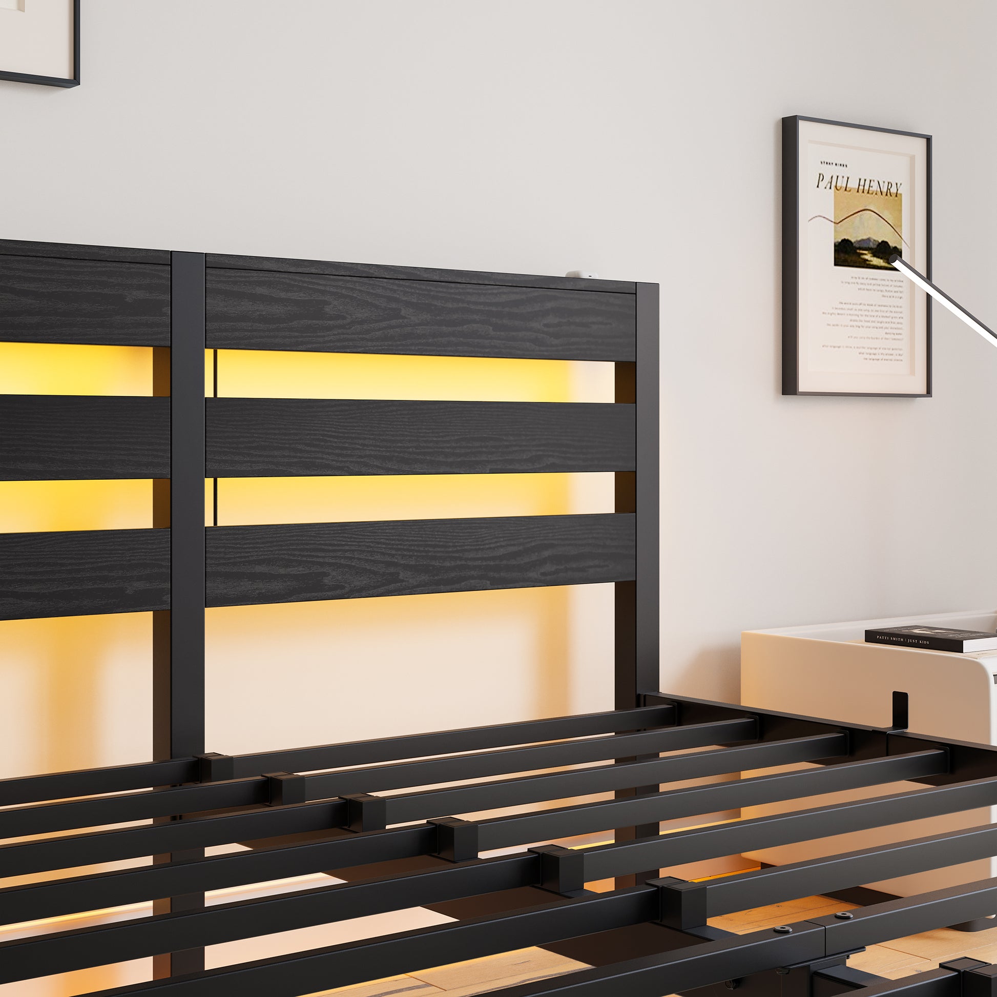 Black wood paneled headboard with integrated warm LED lighting