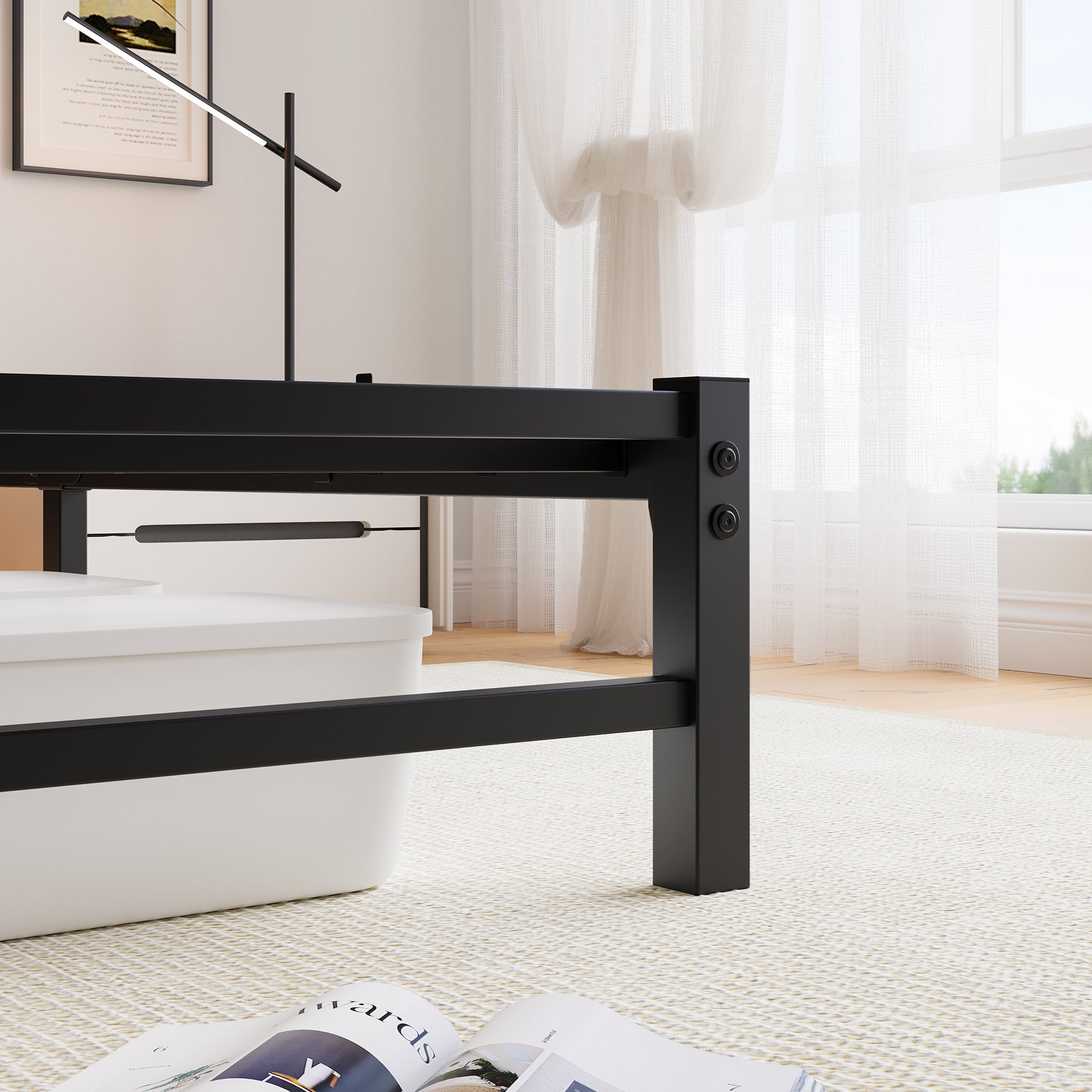 Modern black metal bed frame with minimalist design