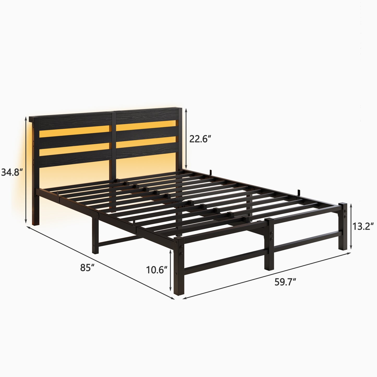 Black metal bed frame with wooden headboard planks