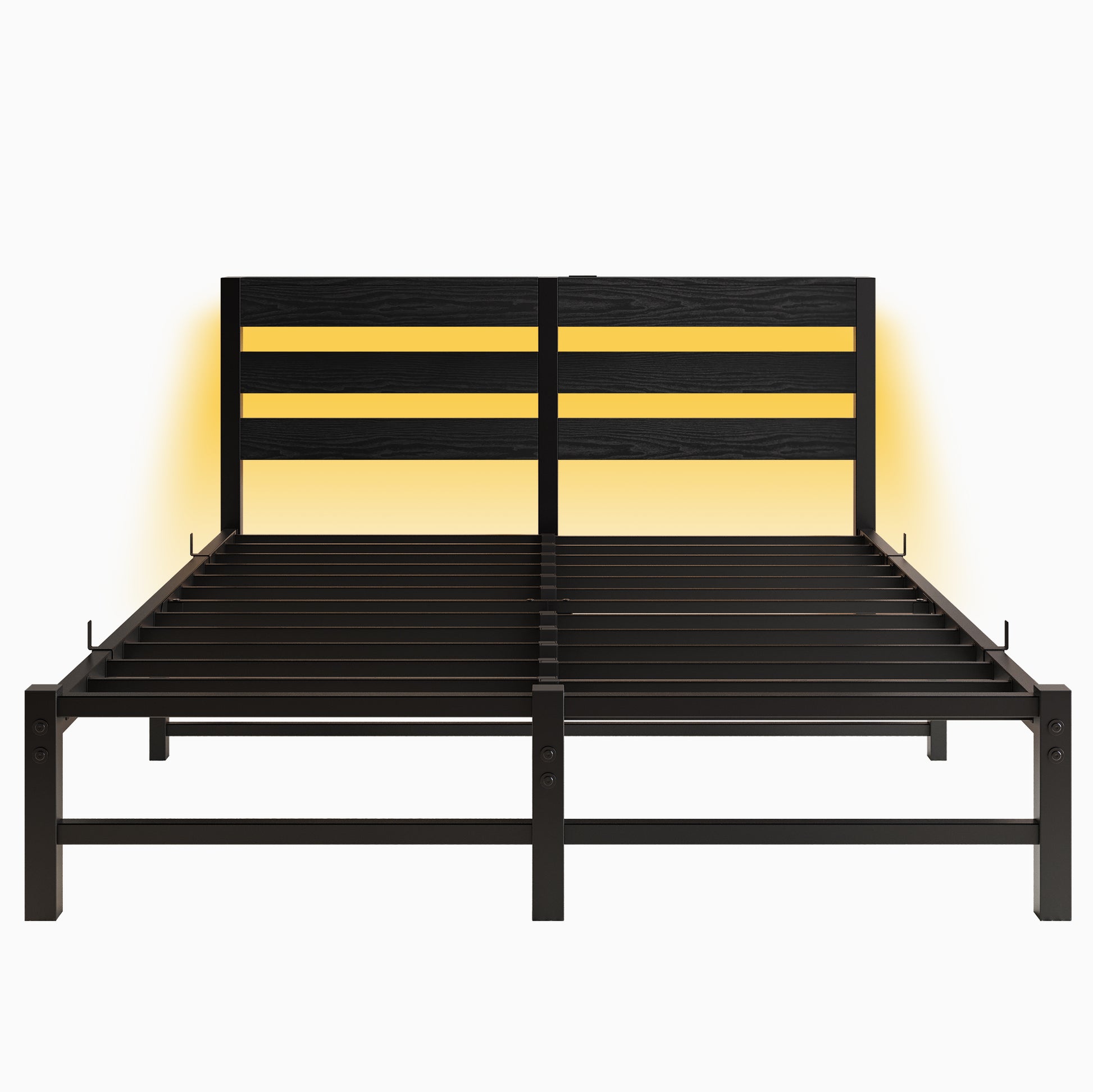Black metal bed frame with black woodlook headboard and LED lighting