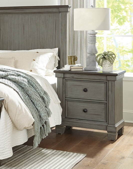 Gray wooden nightstand with two drawers and dark knobs