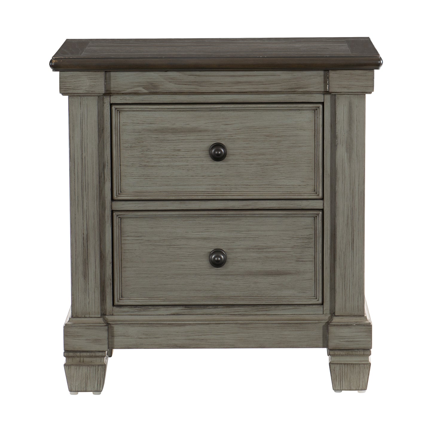 Distressed grey wood nightstand with two drawers and dark metal knobs