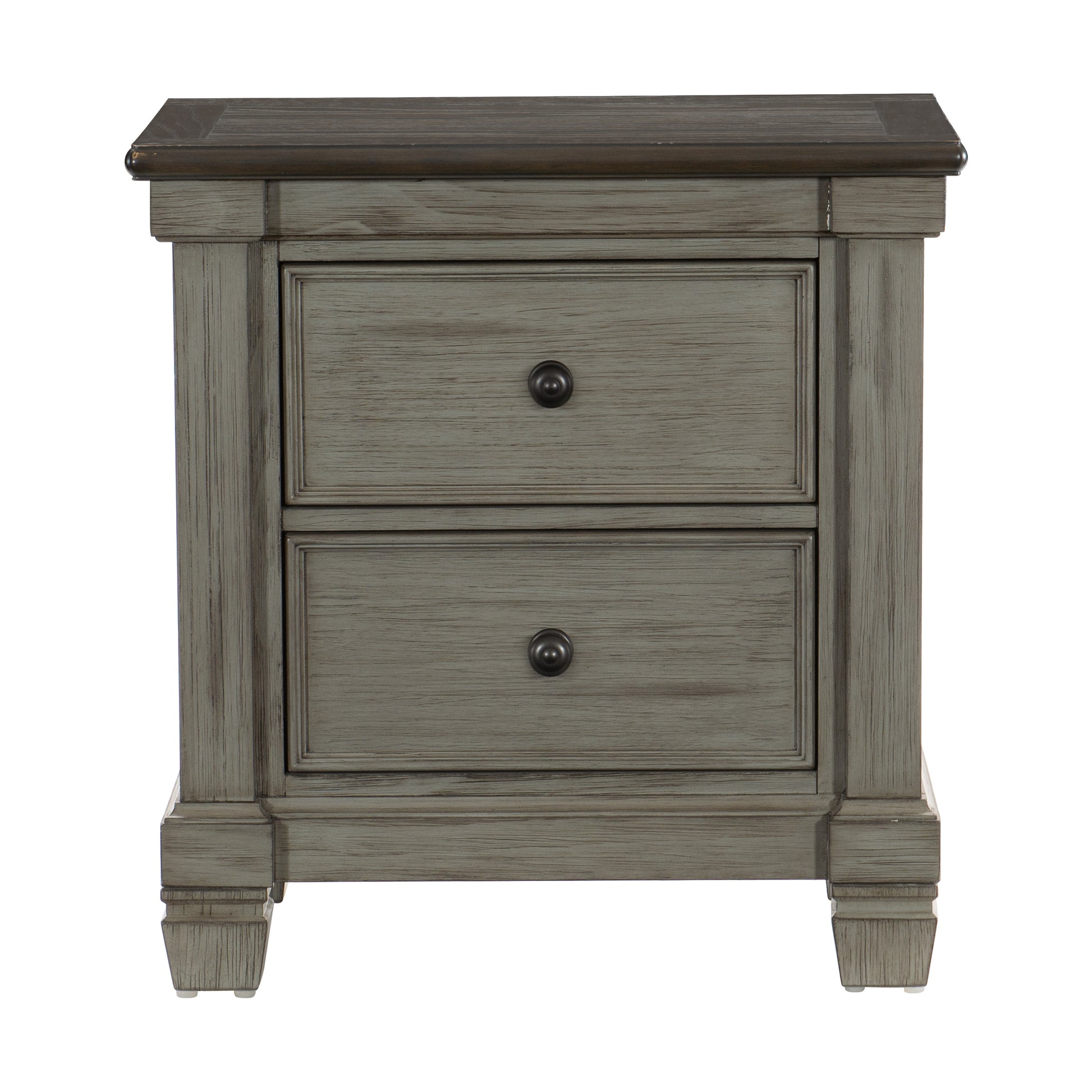Distressed grey wood nightstand with two drawers and dark metal knobs