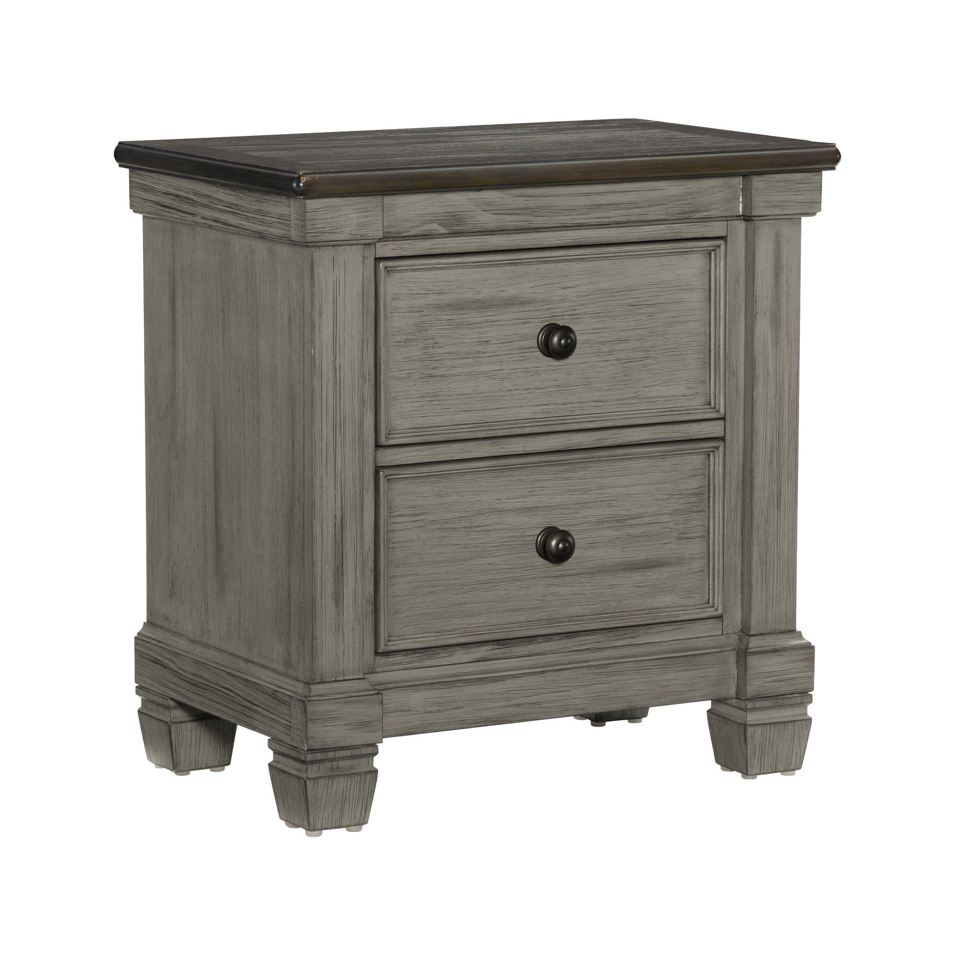 Gray wood twodrawer nightstand with dark bronze knobs and carved detailing