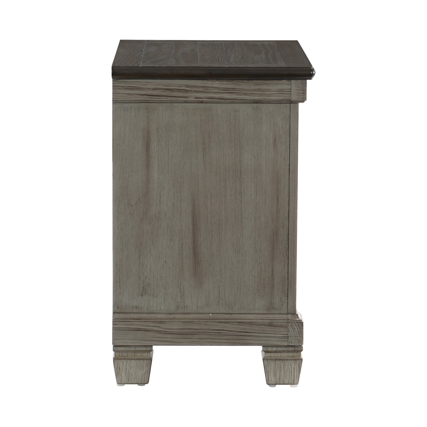 Rustic grey wood nightstand with dark wood top