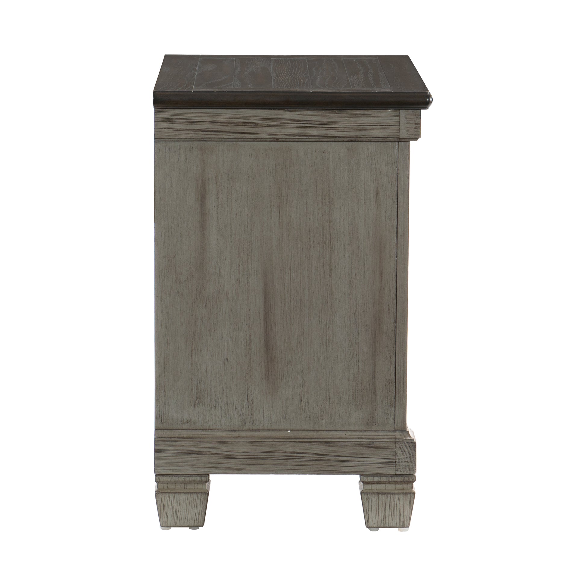 Rustic grey wood nightstand with dark wood top