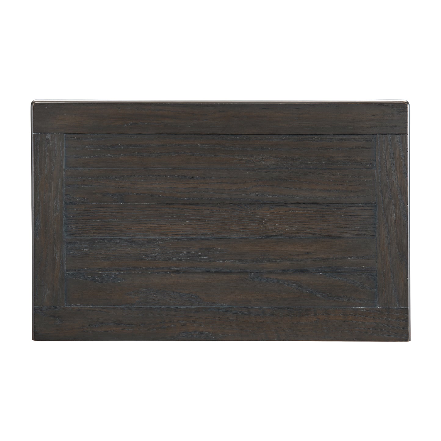 Dark oak wood table top with horizontal planks and a framed edge
