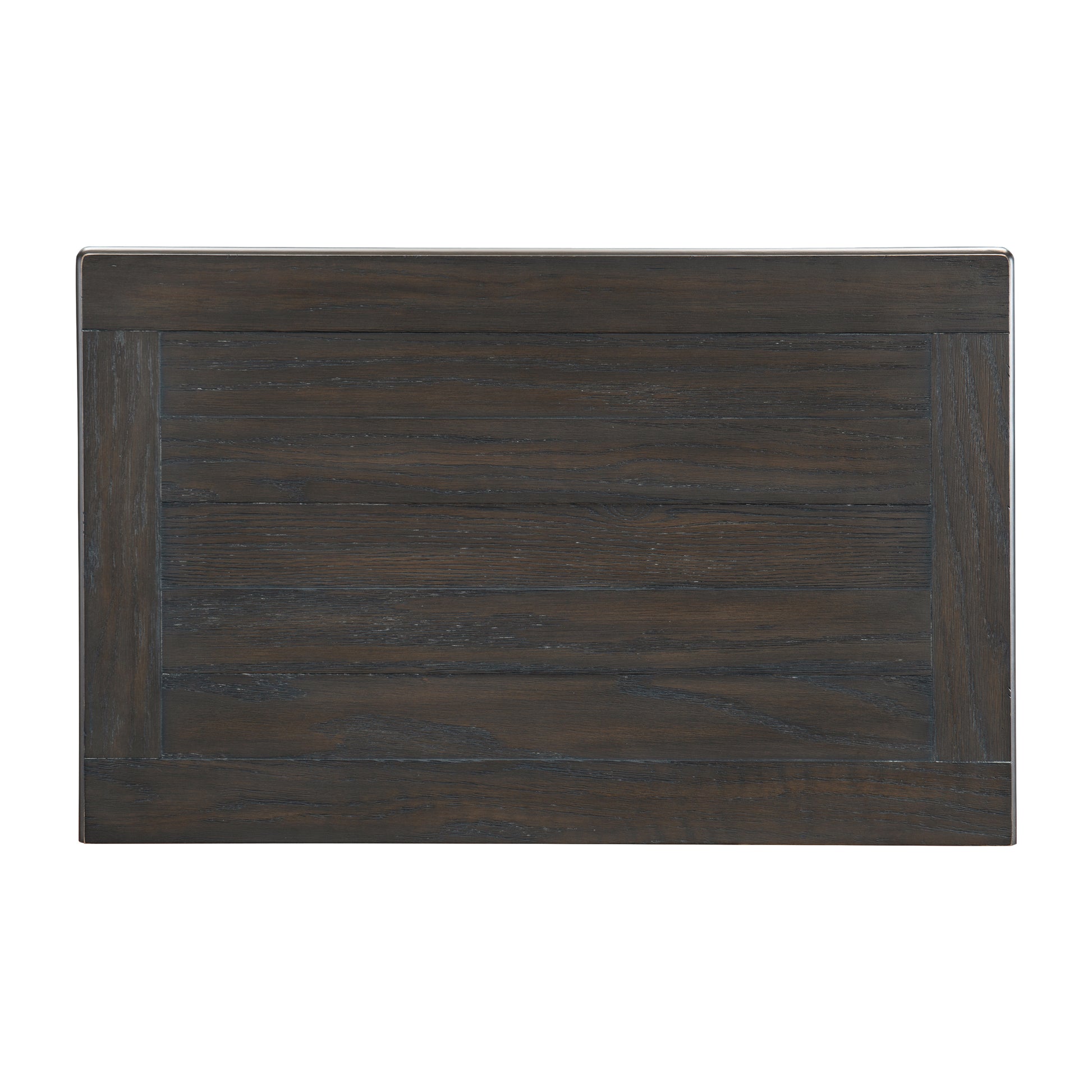 Dark oak wood table top with horizontal planks and a framed edge