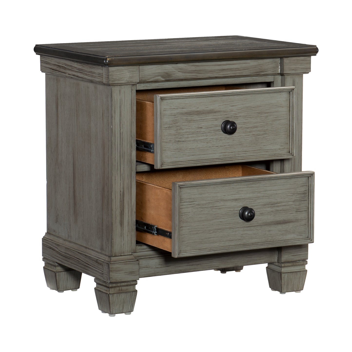 Gray distressed wood twodrawer nightstand with black round knobs