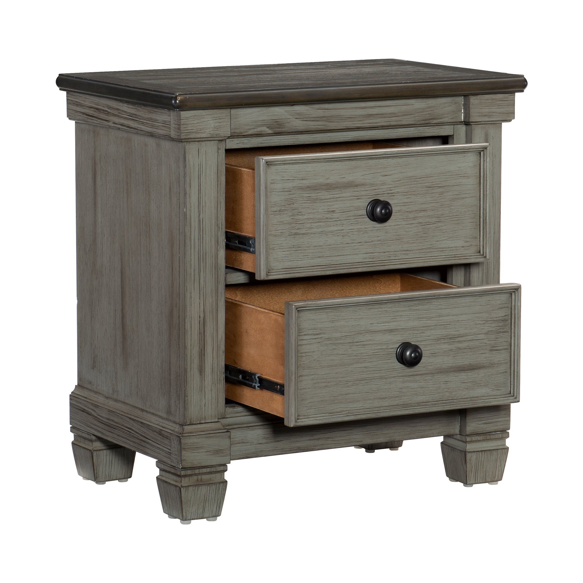 Gray distressed wood twodrawer nightstand with black round knobs