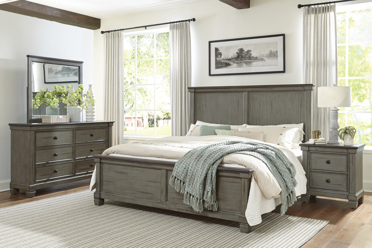 Gray wooden king size bed with paneled headboard and matching nightstand