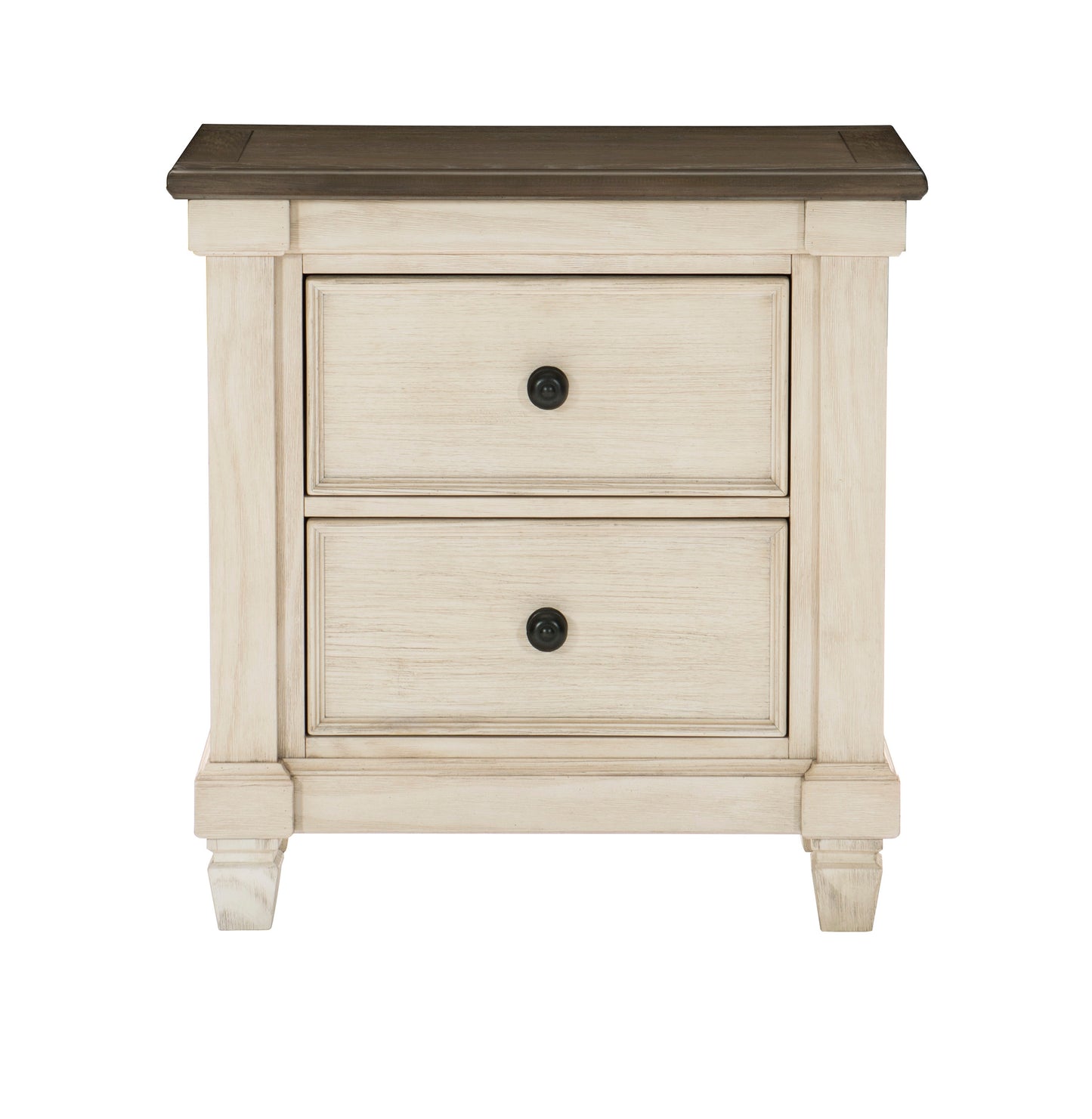 Cream and brown twodrawer farmhouse nightstand with dark metal knobs and turned legs