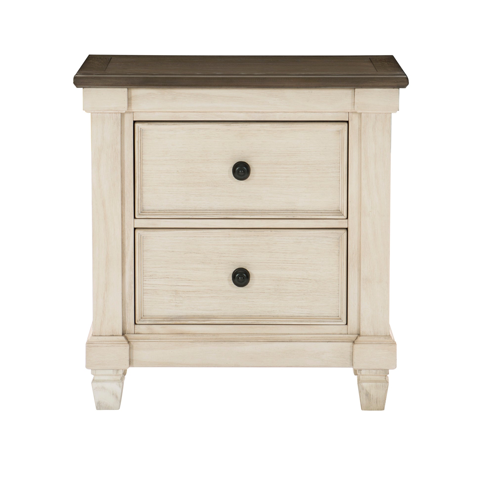 Cream and brown twodrawer farmhouse nightstand with dark metal knobs and turned legs