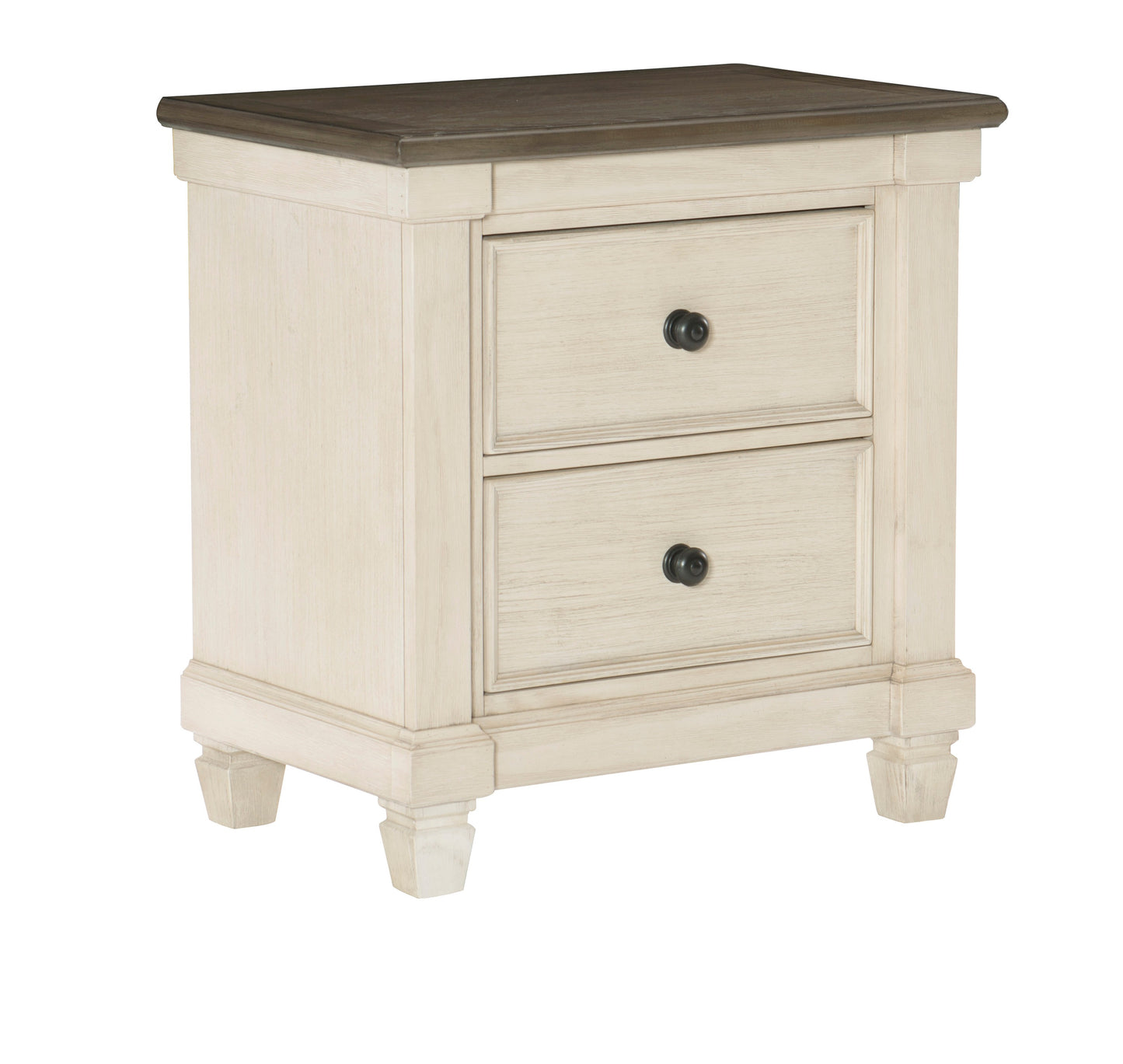 Twodrawer distressed cream nightstand with dark wood top and black knobs