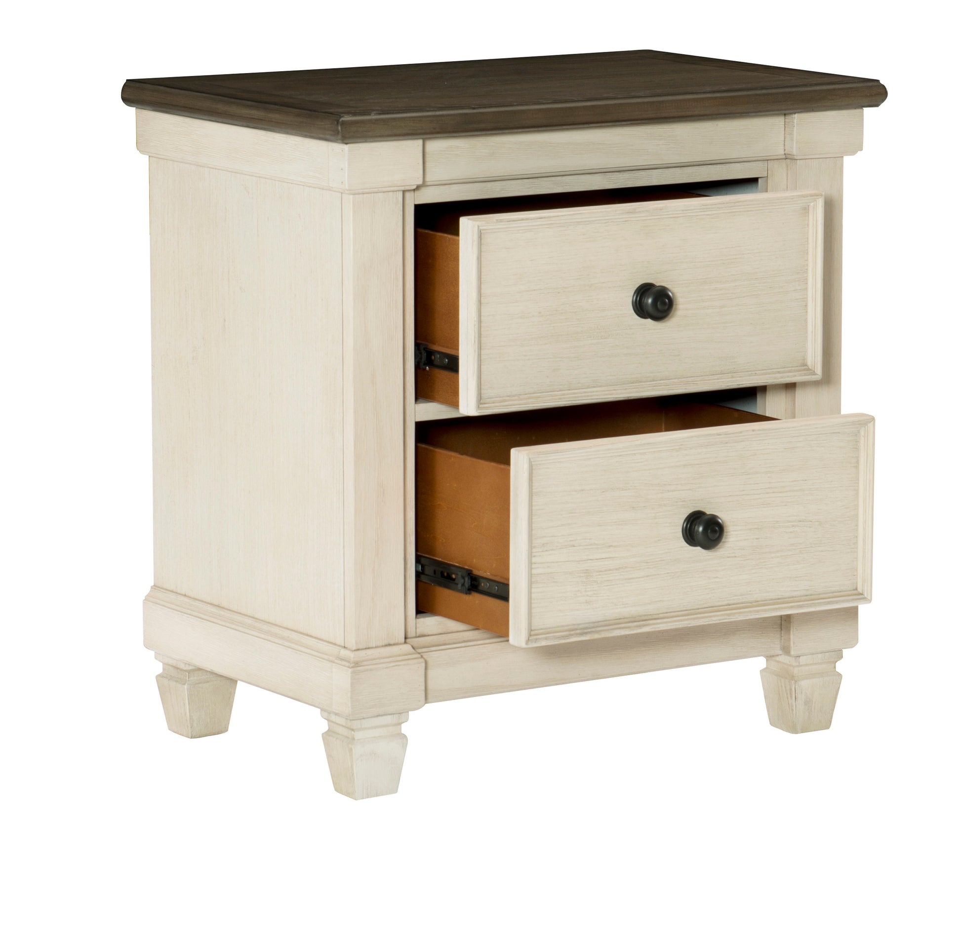 Twodrawer antique white end table with dark wood top and black knobs