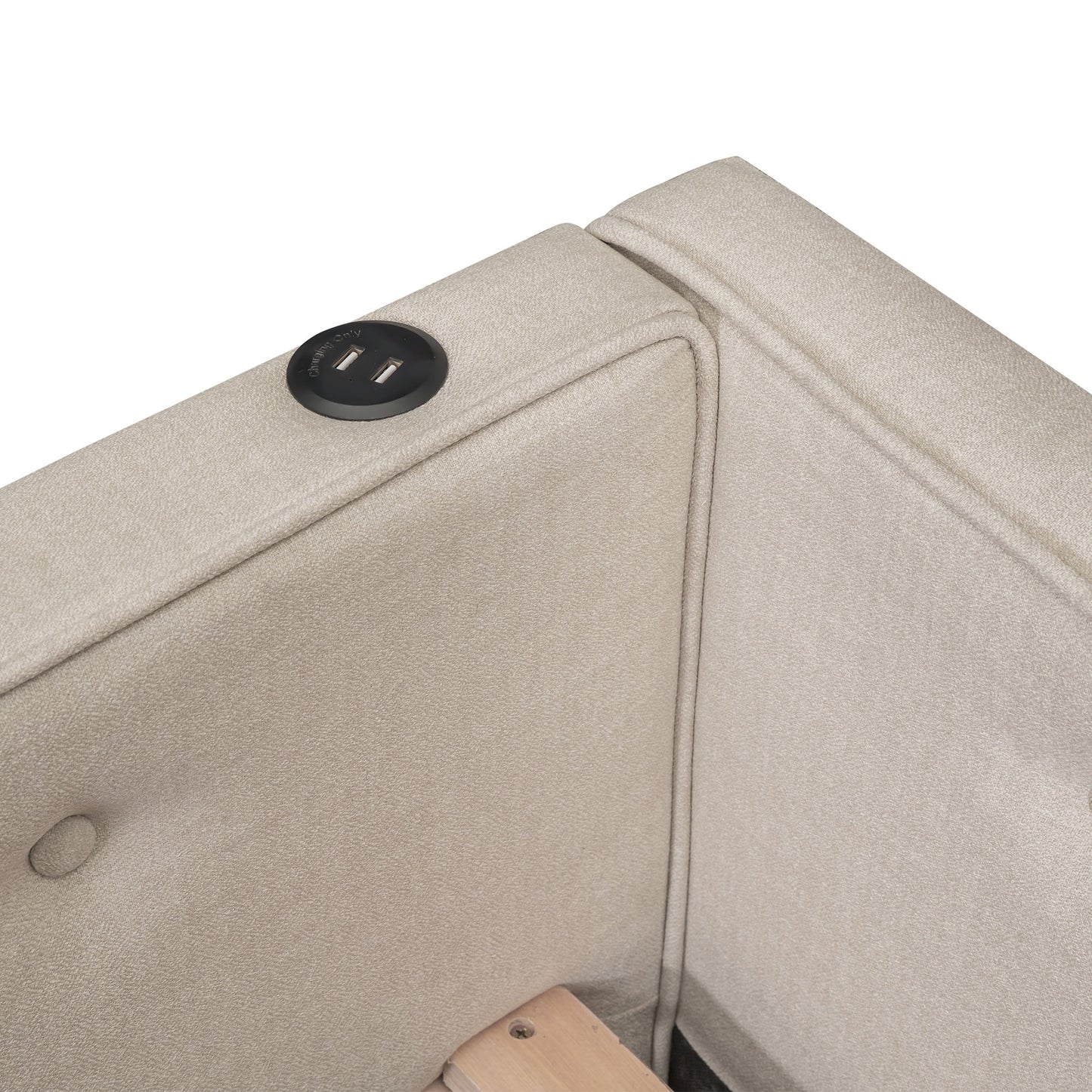 Upholstered bed frame with builtin USB charging ports in beige fabric