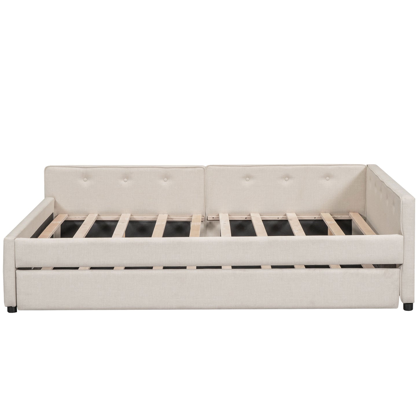 Beige linen daybed with tufted backrest and exposed wooden slats for mattress support