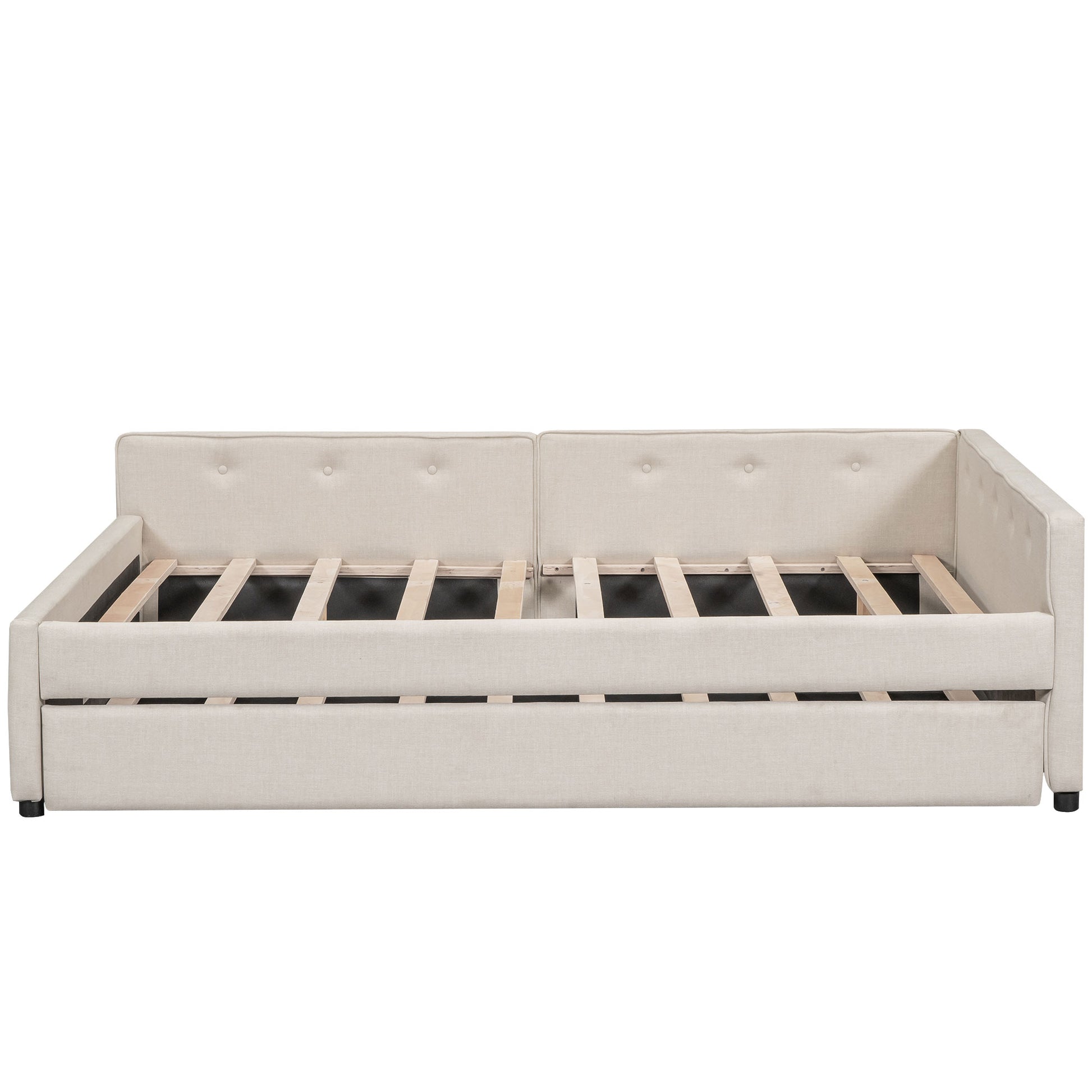 Beige linen daybed with tufted backrest and exposed wooden slats for mattress support