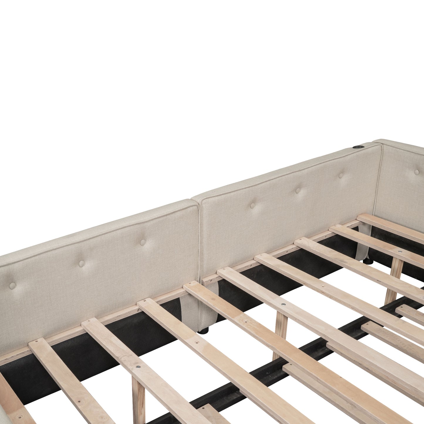 Beige upholstered bed frame detail with button tufting and wooden slats