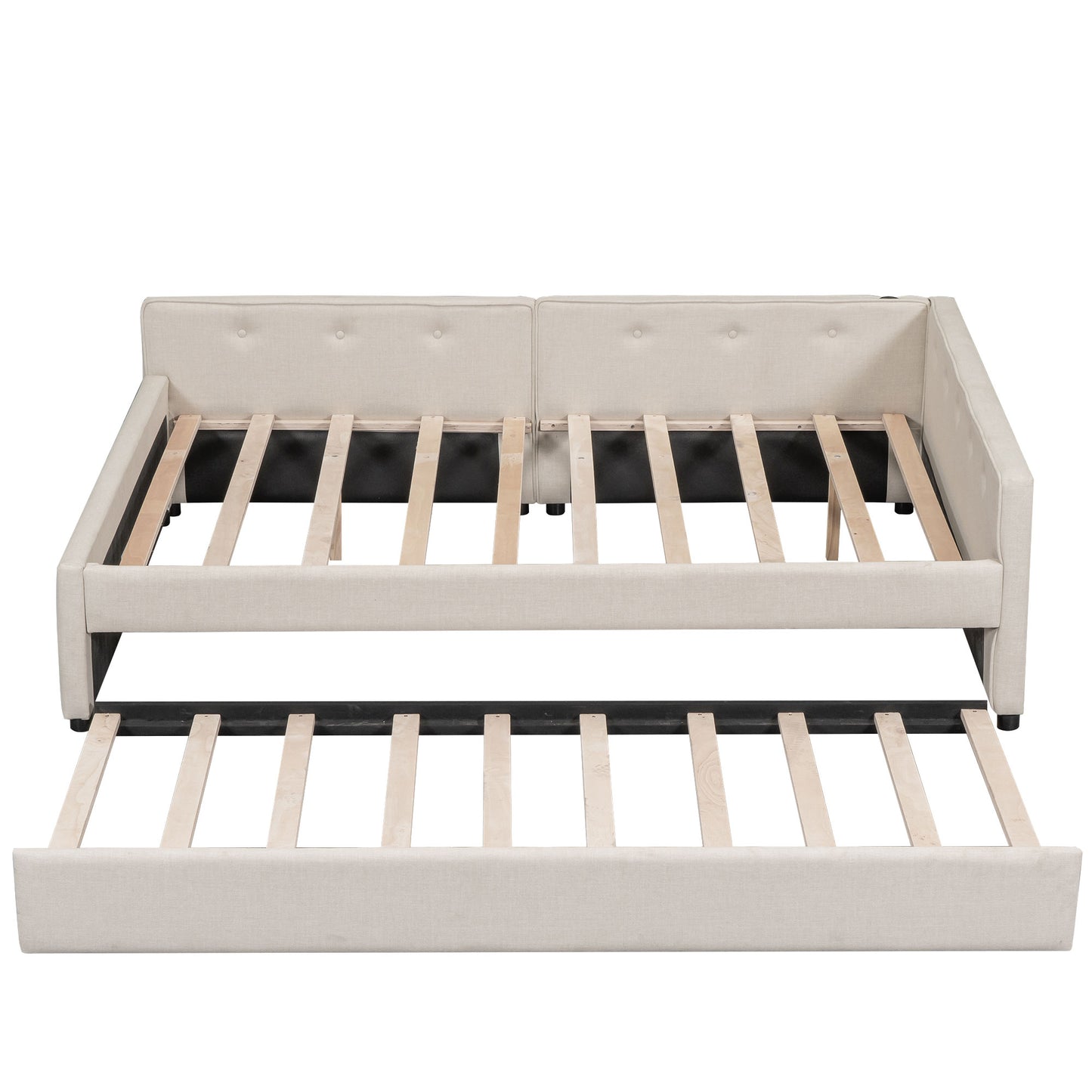 Upholstered beige daybed with pullout trundle modern design for guest rooms