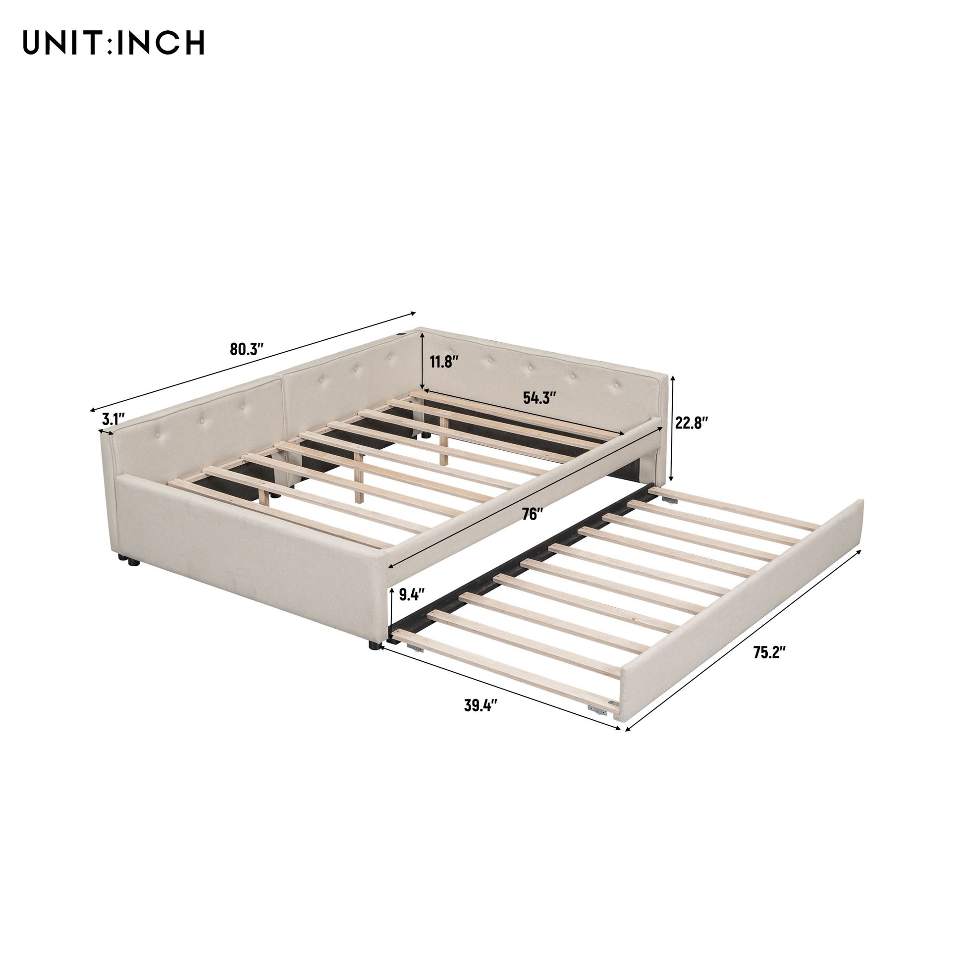 Beige upholstered trundle bed frame with button tufting and wooden slats