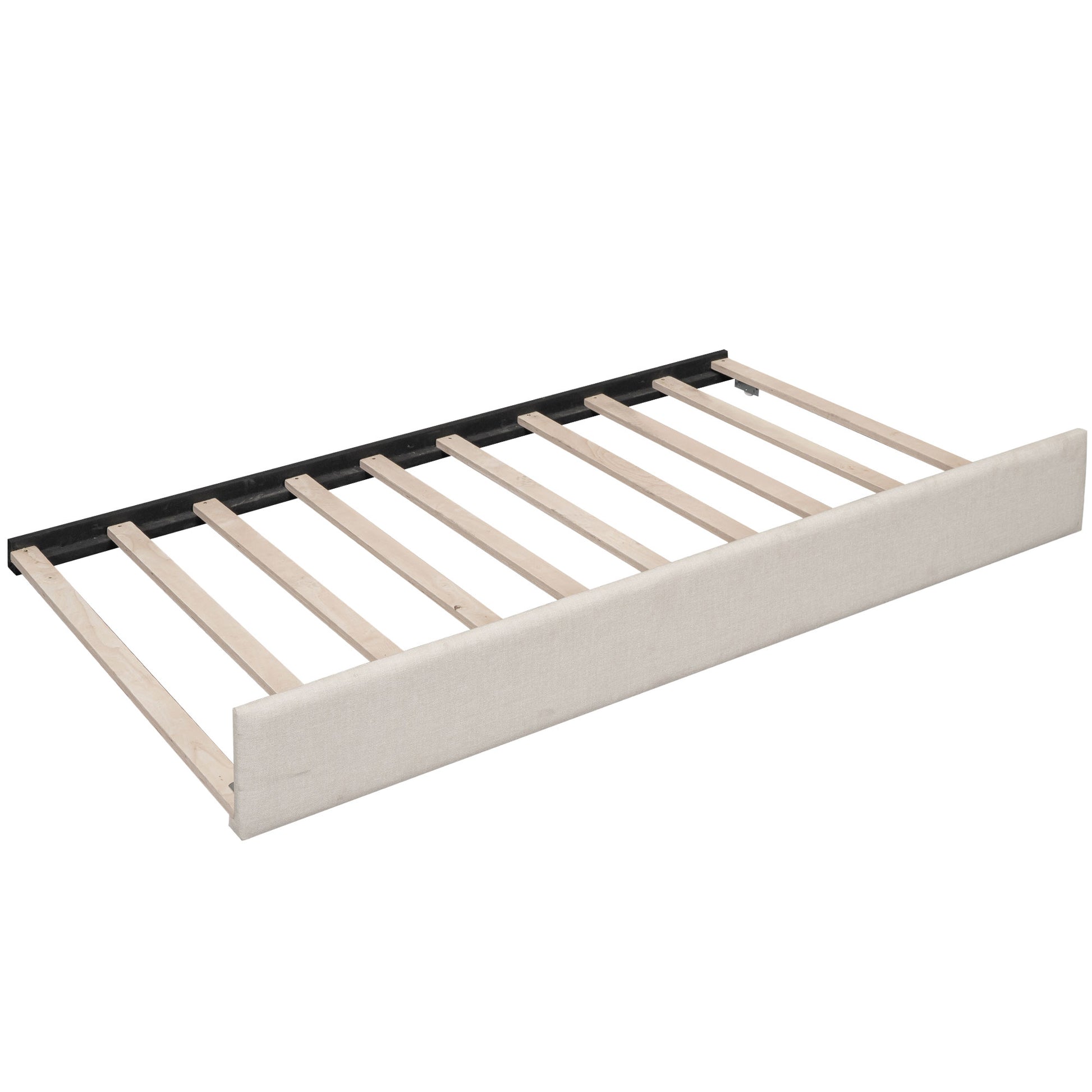 Cream upholstered bed frame with wooden slats