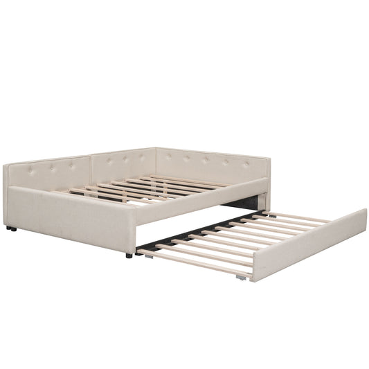 Beige upholstered daybed with pullout trundle