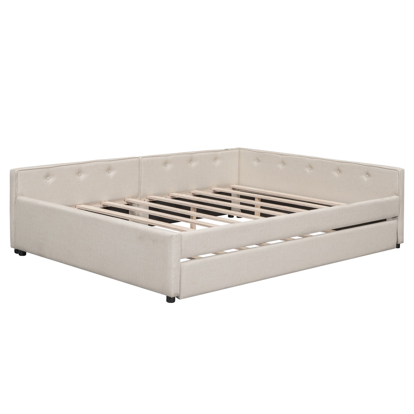 Beige upholstered daybed with tufted back and wooden slat support