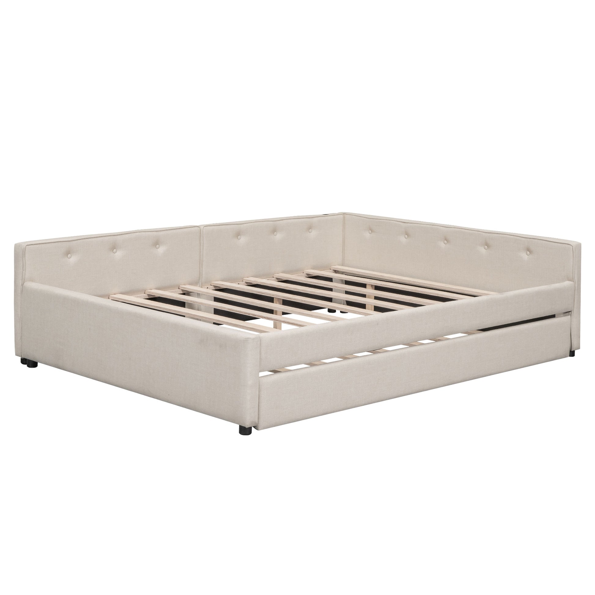 Beige upholstered daybed with tufted back and wooden slat support