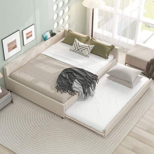 Beige upholstered twin bed with pullout trundle ideal for guest rooms