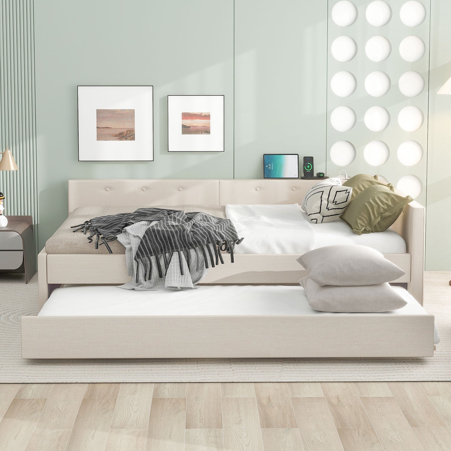 Cream upholstered daybed with pullout trundle perfect for guest rooms