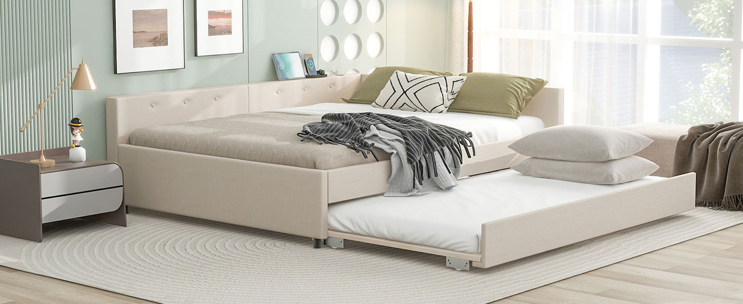 Beige upholstered sectional daybed with pullout trundle bed for guest room convenience