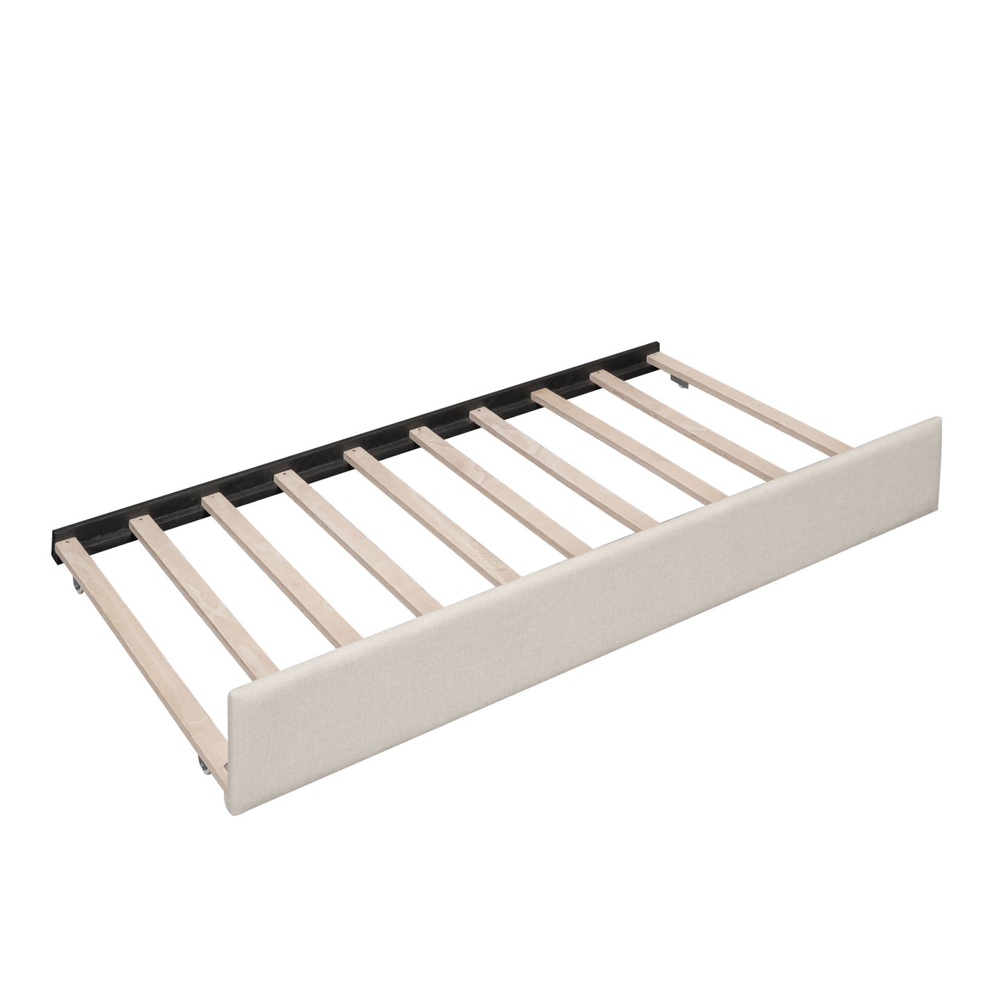 Beige upholstered trundle bed frame with wooden slats