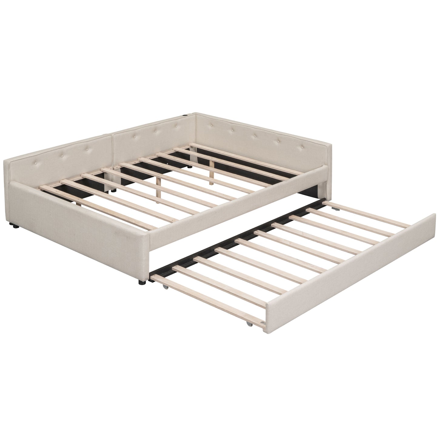 Cream linen upholstered daybed with pullout trundle frame
