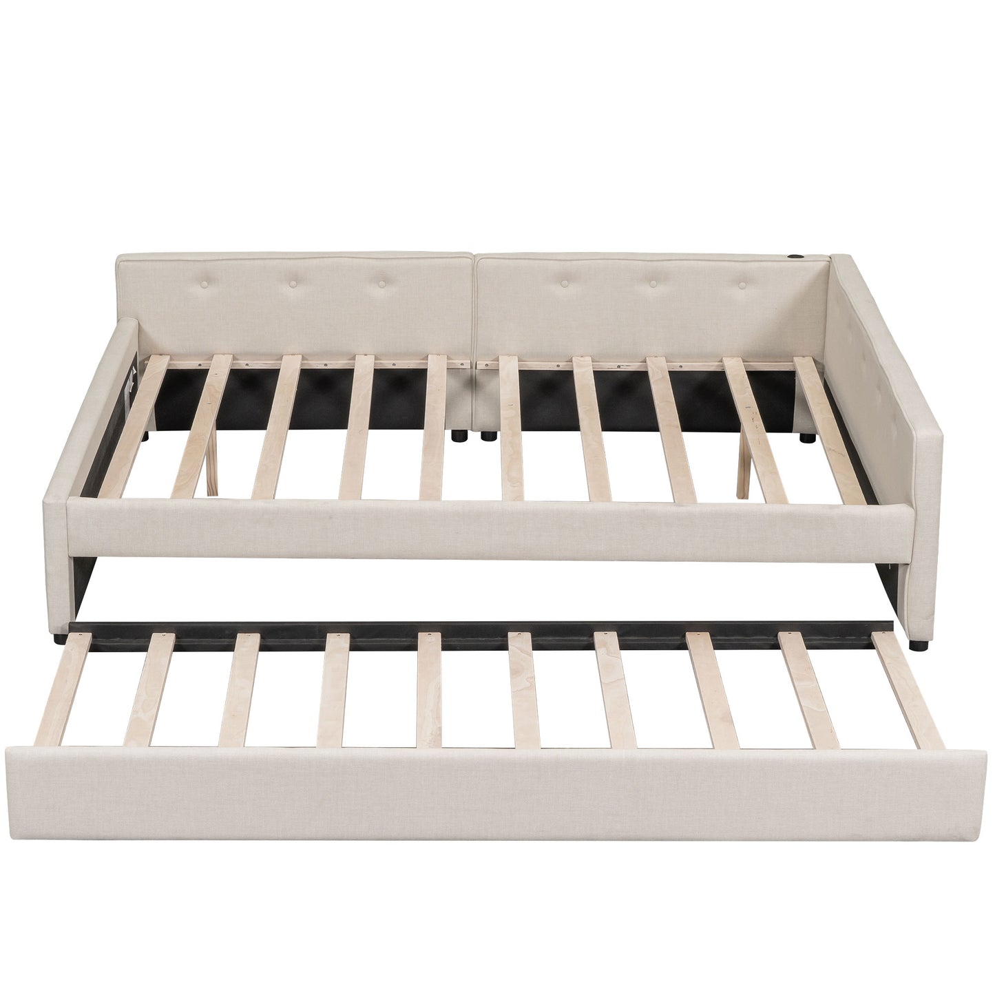 Beige upholstered daybed with pullout trundle tufted back and slatted wood support
