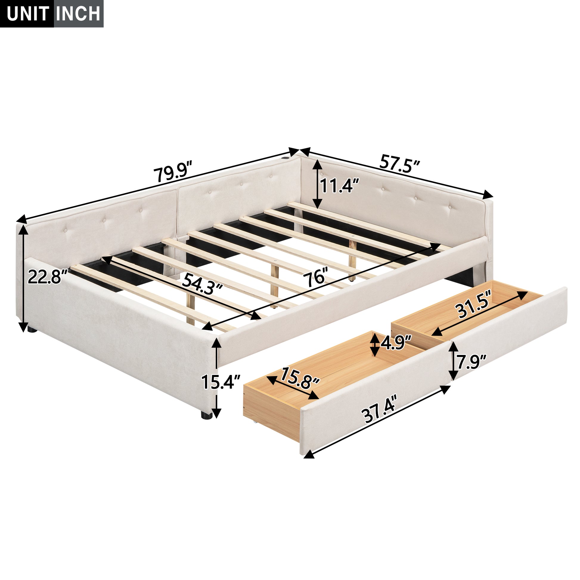 Beige upholstered twin daybed with pullout trundle drawers and dimensions