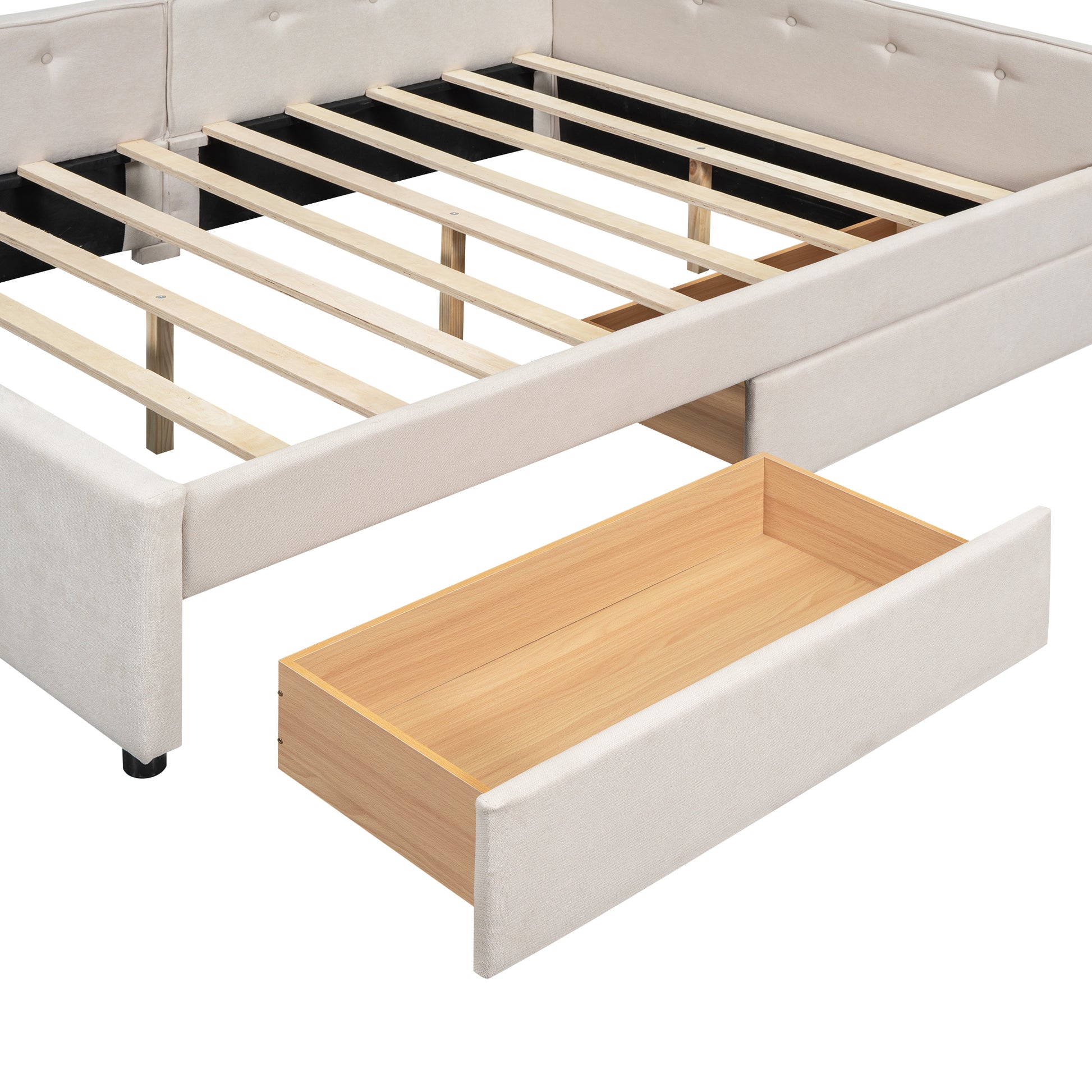 Beige upholstered bed frame with a wooden slat base and one open storage drawer