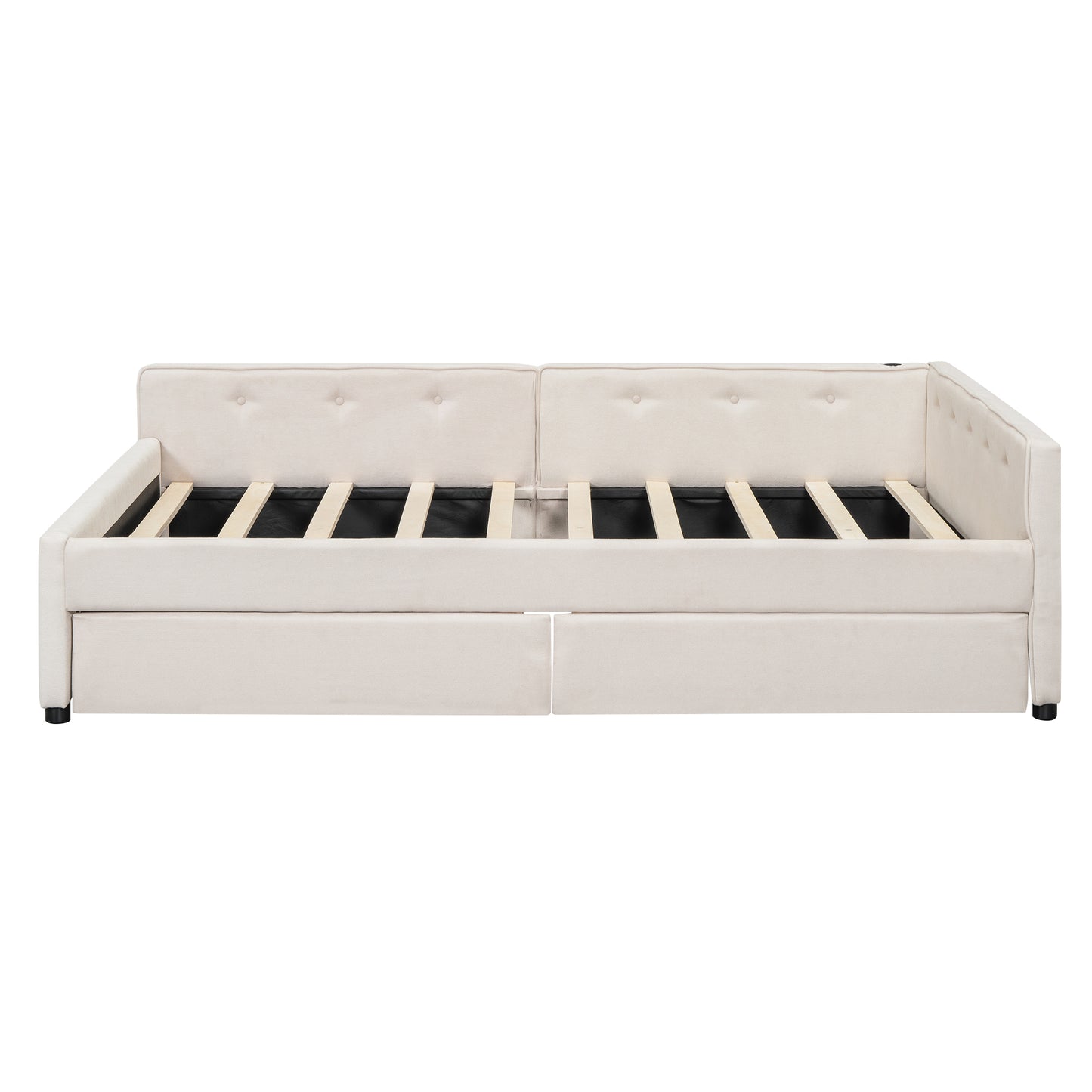 Cream upholstered daybed with pullout trundle and buttontufted backrest
