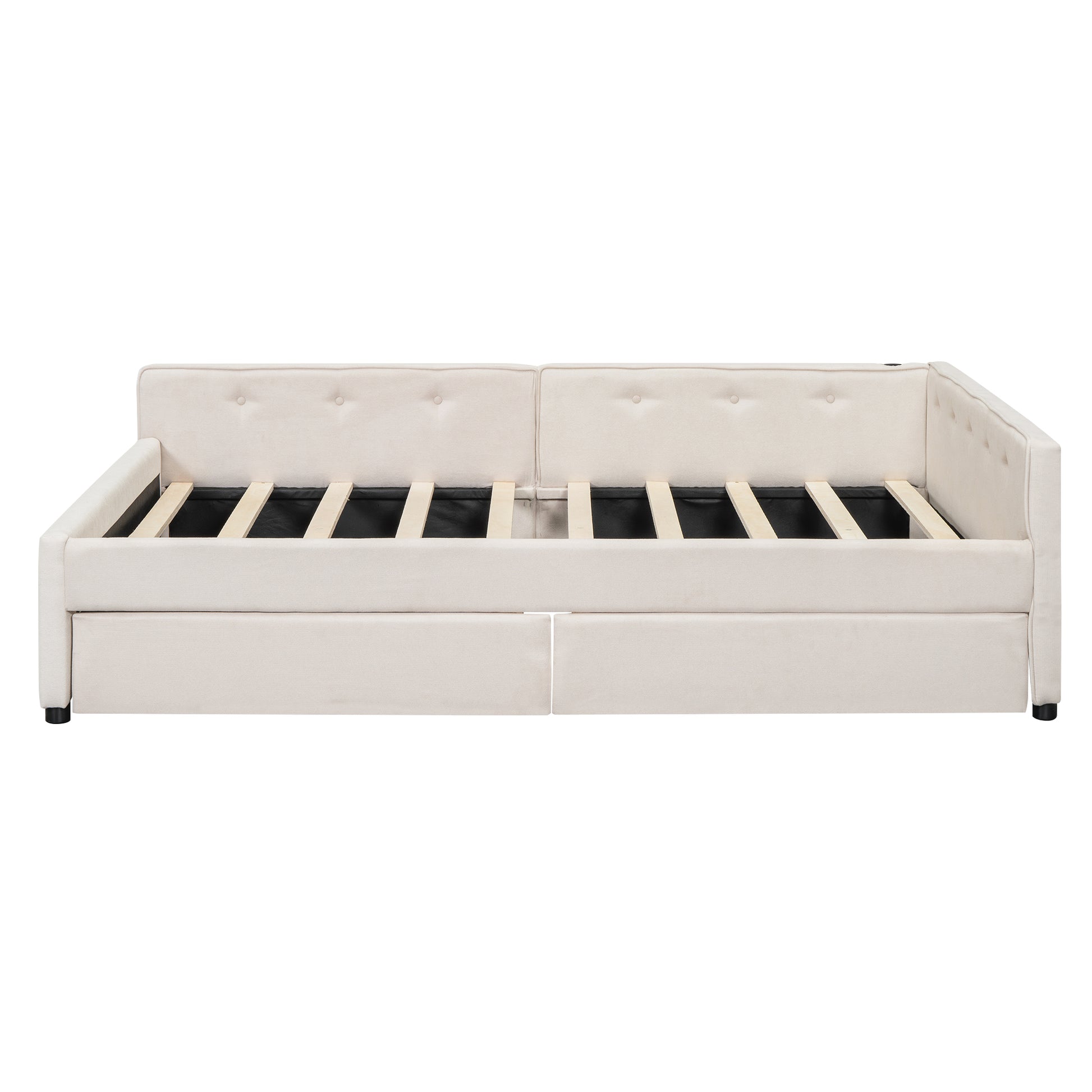 Cream upholstered daybed with pullout trundle and buttontufted backrest