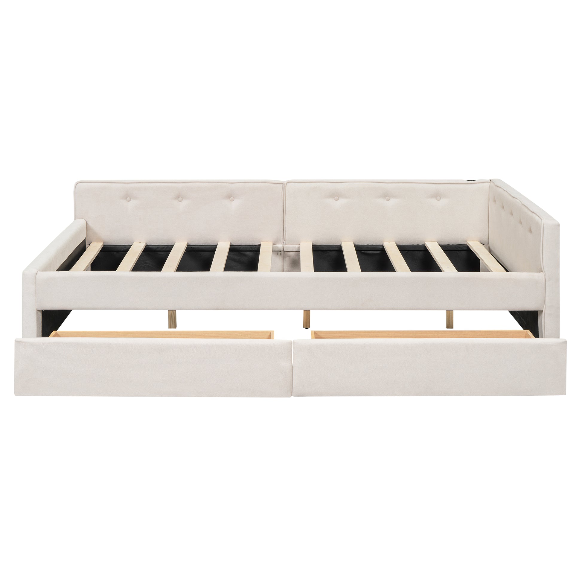 Upholstered daybed in beige with tufted back and two drawers