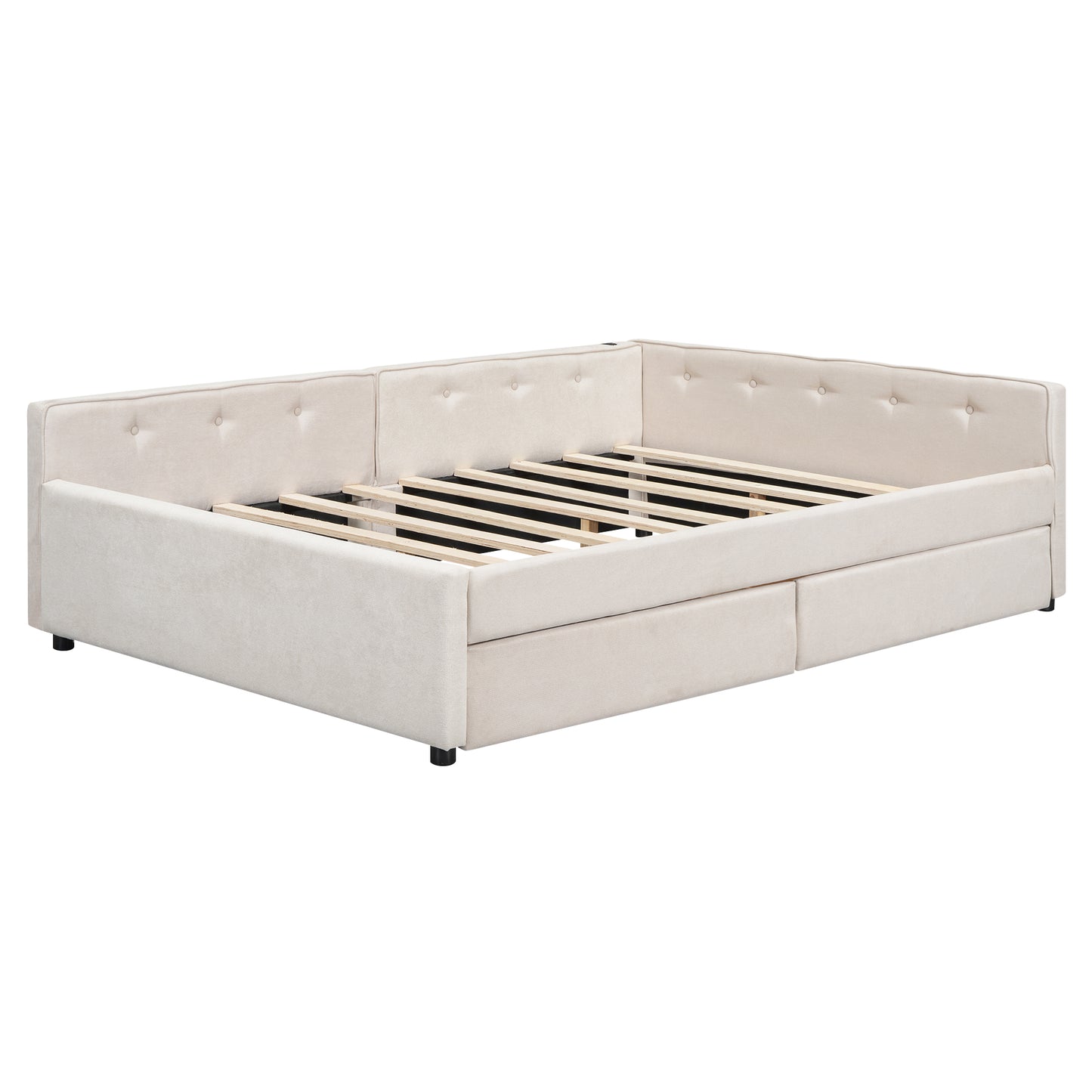 Upholstered beige daybed with tufted backrest and two drawers perfect for small spaces