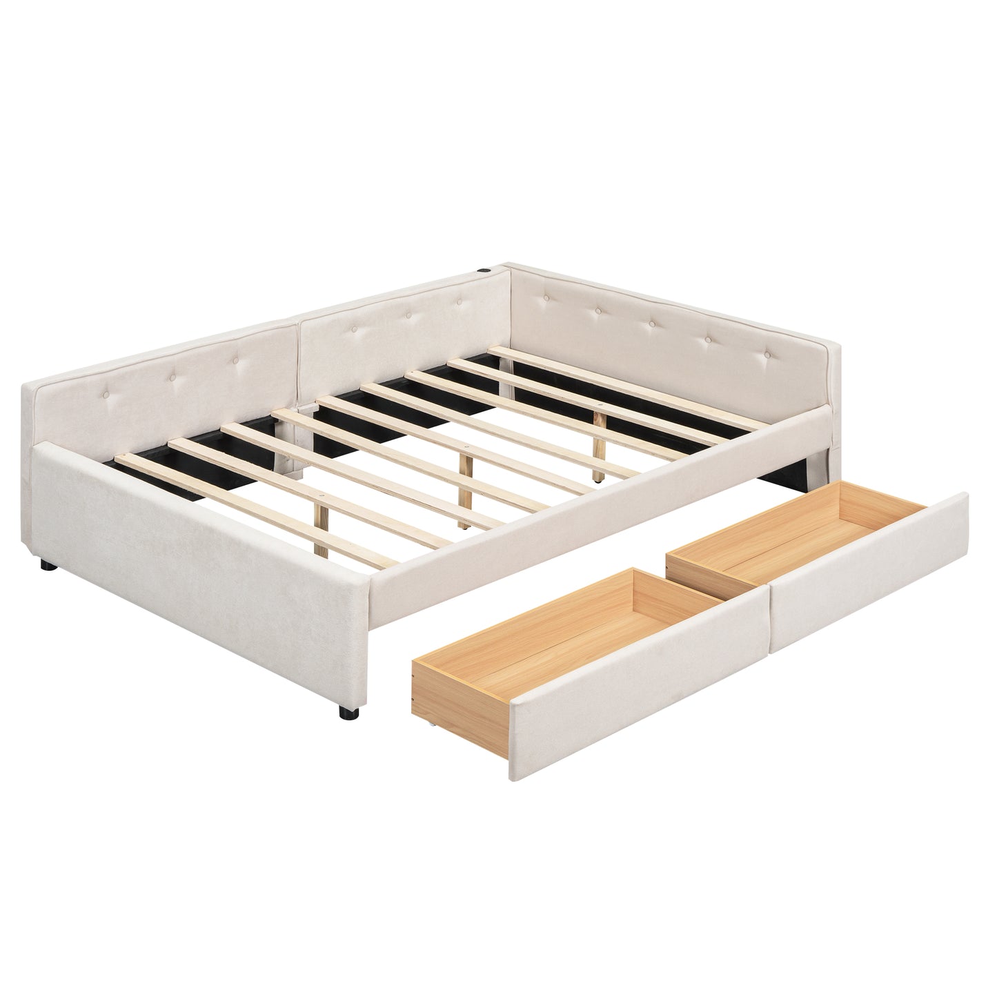 Cream upholstered daybed with two pullout storage drawers and wooden slats