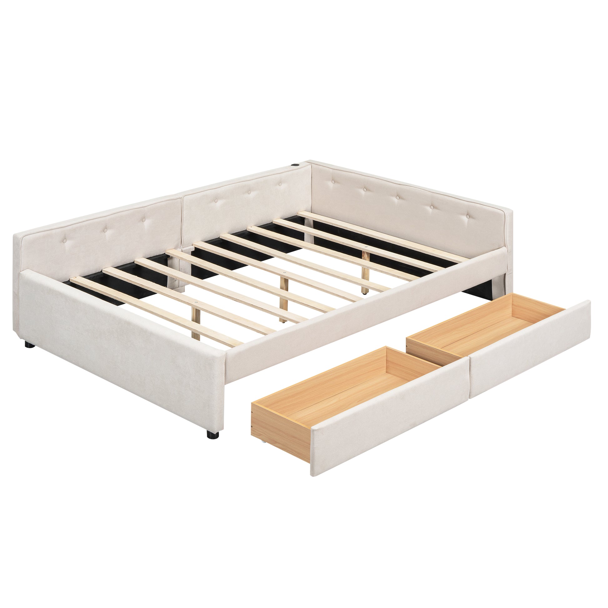 Cream upholstered daybed with two pullout storage drawers and wooden slats